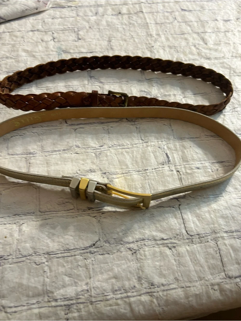 ELITE VTG GOLD METALLIC SKIN PRINT AND EDDIE BAUER BROWN LEATHER BRAIDED BELTS